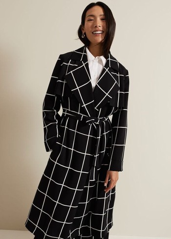 Phase Eight Aspen Check Drape Trench Coats Black/White Canada | JHOGUL-912